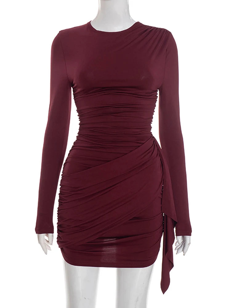 Crew Neck Solid Slim Sheath Dress Fashion Women Long Sleeve Short Wrap High Waisted Mini Dresses Lady 2026 Party Evening Gown
