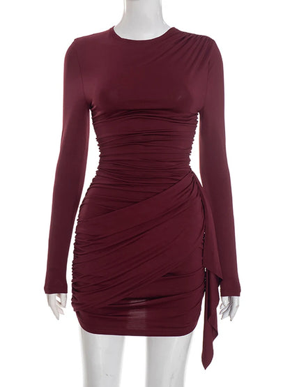 Crew Neck Solid Slim Sheath Dress Fashion Women Long Sleeve Short Wrap High Waisted Mini Dresses Lady 2026 Party Evening Gown