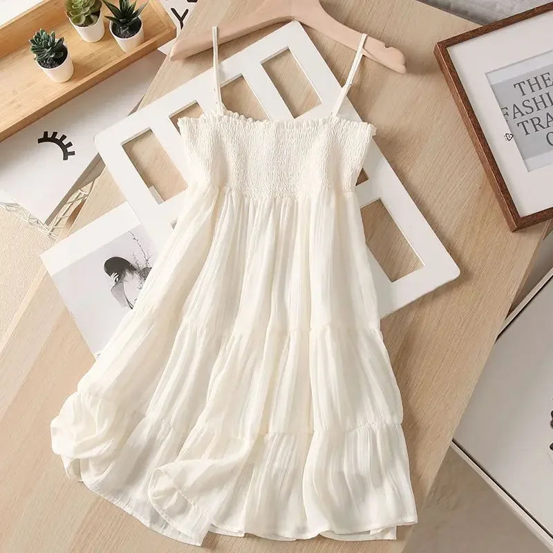 White Spaghetti Strap Dresses Women French Style Backless Hotsweet Mini Casual Holiday Summer Female Temperament Ruffles Chic