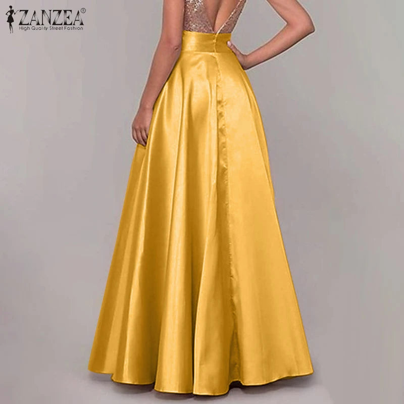 ZANZEA Women Satin Silk Black Maxi Long Skirts Elegant Luxury High Waisted A-Line Party Jupe Femme with Back Zipper Faldas Mujer