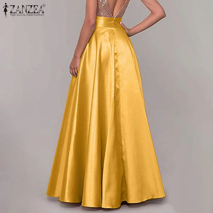 ZANZEA Women Satin Silk Black Maxi Long Skirts Elegant Luxury High Waisted A-Line Party Jupe Femme with Back Zipper Faldas Mujer