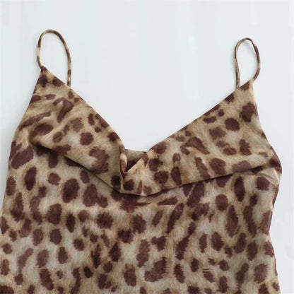 MUJER Leopard Print Tulle Slip Dress Woman Backless Summer Long Dresses For Women Vintage Sexy Party Dresses Midi Holiday Dress