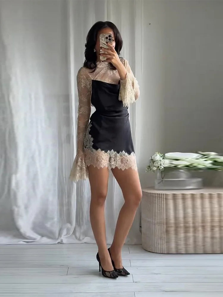Lace Patchwork Panelled Short Dress Women Sexy Hollow Out Flare Long Sleeve Pleat Party Evening Dresses Charming Ladies Clubwear