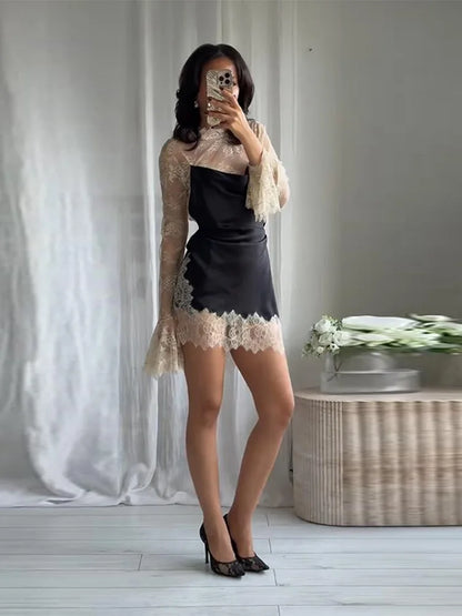 Lace Patchwork Panelled Short Dress Women Sexy Hollow Out Flare Long Sleeve Pleat Party Evening Dresses Charming Ladies Clubwear