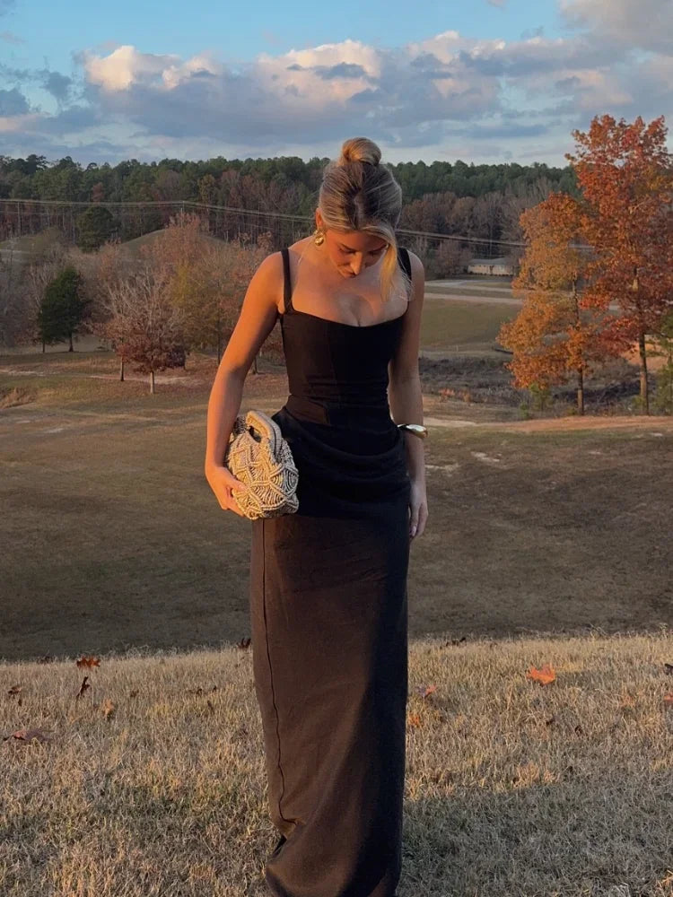 Solid Pleated Sling Dress Square Neck Sleeveless Off-shoulder Waist Cinching Slim Women Dresses Fashion Evening Party Gowns 2025