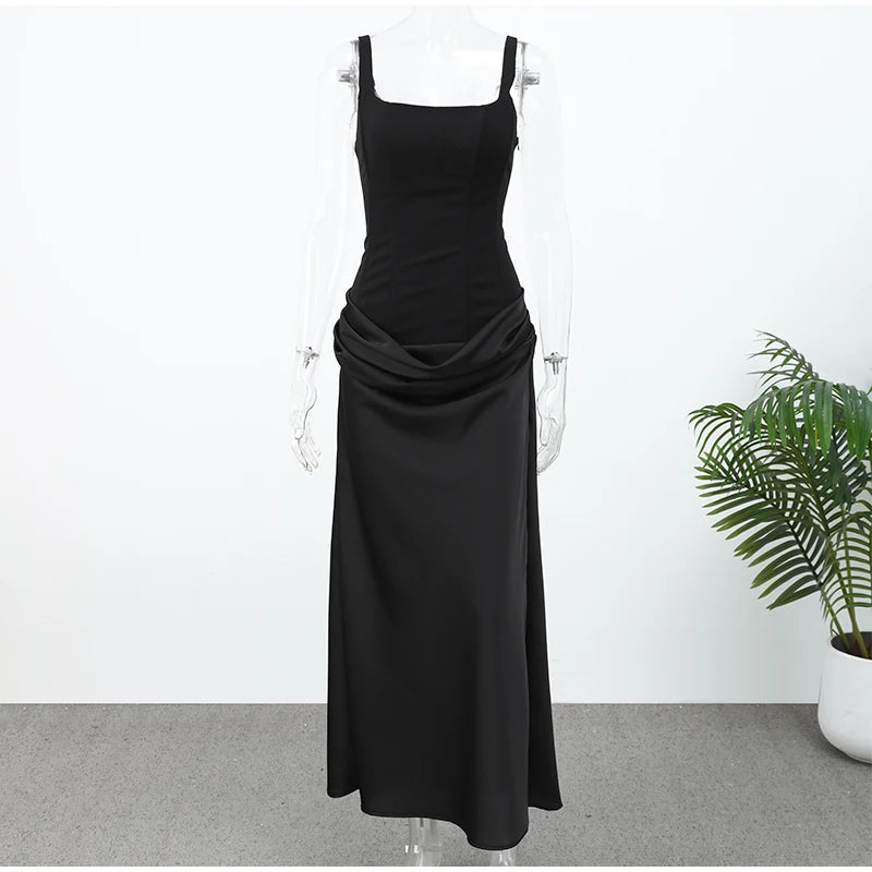 Solid Pleated Sling Dress Square Neck Sleeveless Off-shoulder Waist Cinching Slim Women Dresses Fashion Evening Party Gowns 2025