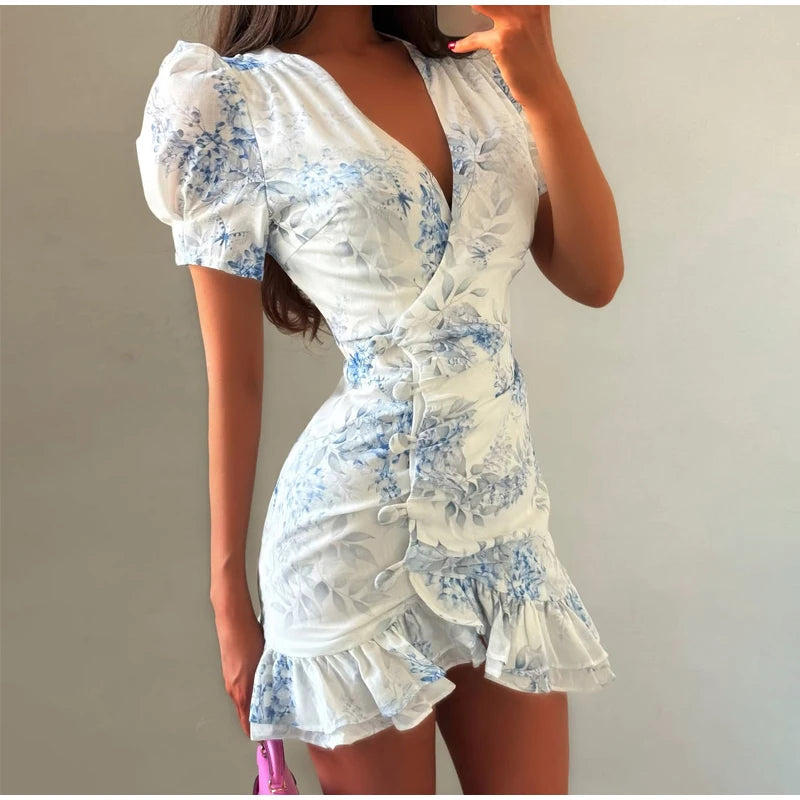 Floral Print V-neck Cinched Waist Dress Women Chic Layered Ruffle Hem Short Sleeved High-waist Dresses 2026 New Street Vestidos