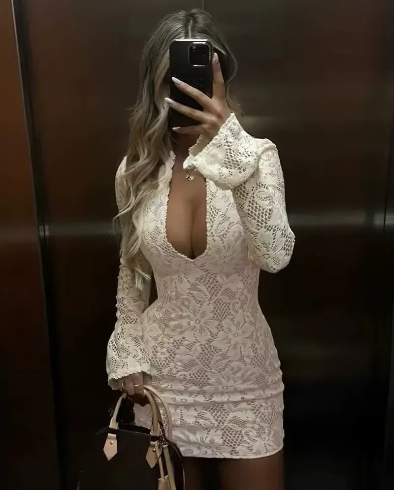Suninheart Hollow Out Long Sleeve Cocktail Dress for Women 2025 Winter Stand Collar Club Party Dresses Lace Elegant Dresses