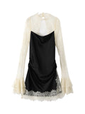 Lace Patchwork Panelled Short Dress Women Sexy Hollow Out Flare Long Sleeve Pleat Party Evening Dresses Charming Ladies Clubwear