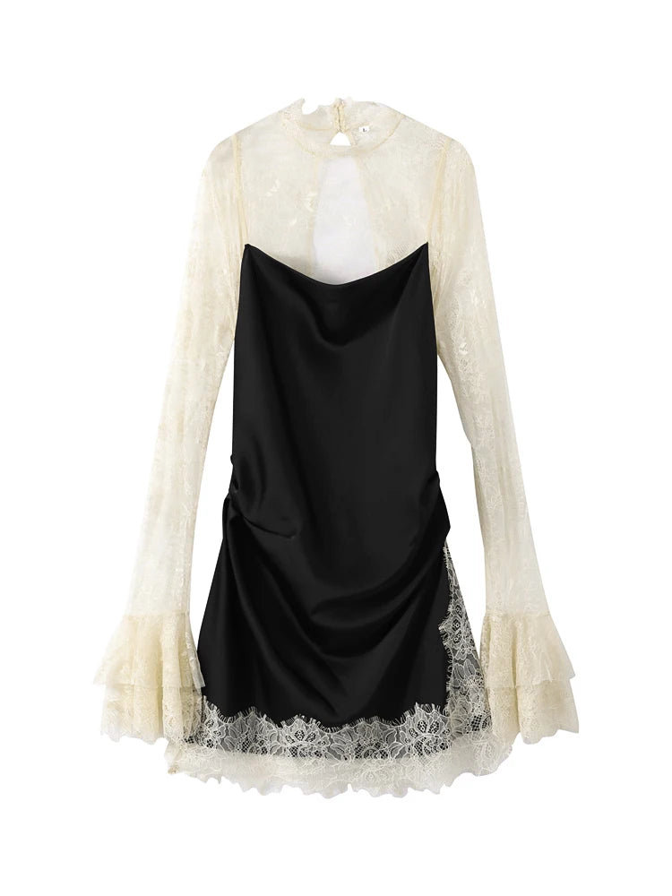 Lace Patchwork Panelled Short Dress Women Sexy Hollow Out Flare Long Sleeve Pleat Party Evening Dresses Charming Ladies Clubwear