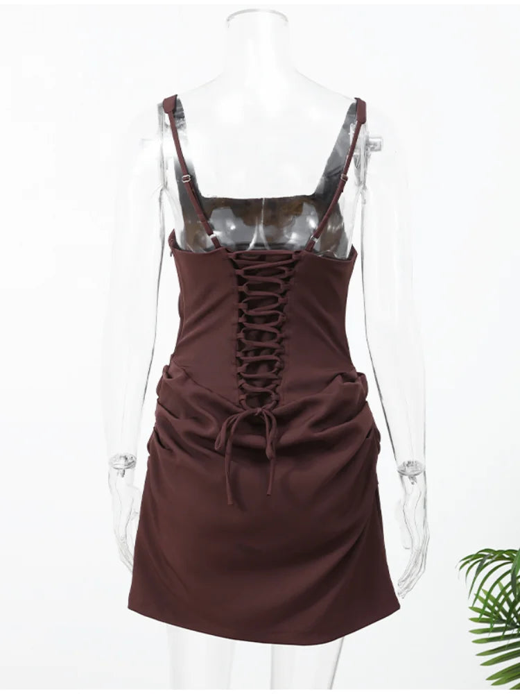 Sexy Square-neck Halter Mini Dress Women Pleated Sleeveless Backless High Waist Bodycon Dresses 2026 New Summer Lady Party Robe