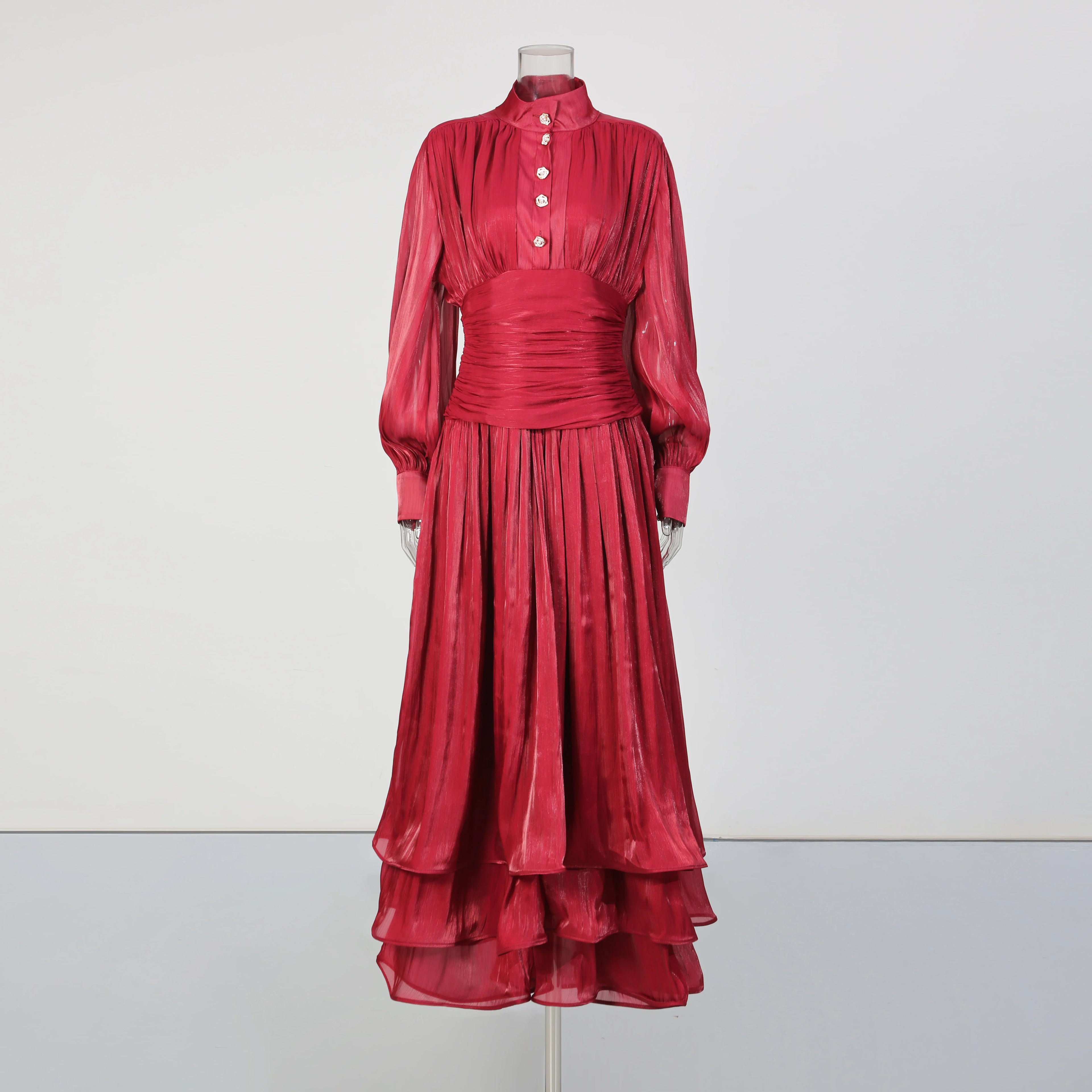 TWOTWINSTYLE Solid Spliced Ruffles Folds Elegant Dresses for Women Stand Neck Long Sleevs Tunic Temperament Dress Female Fashion