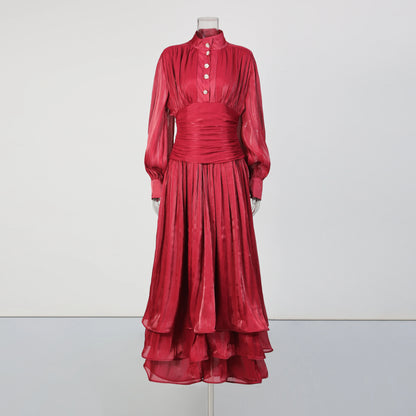 TWOTWINSTYLE Solid Spliced Ruffles Folds Elegant Dresses for Women Stand Neck Long Sleevs Tunic Temperament Dress Female Fashion