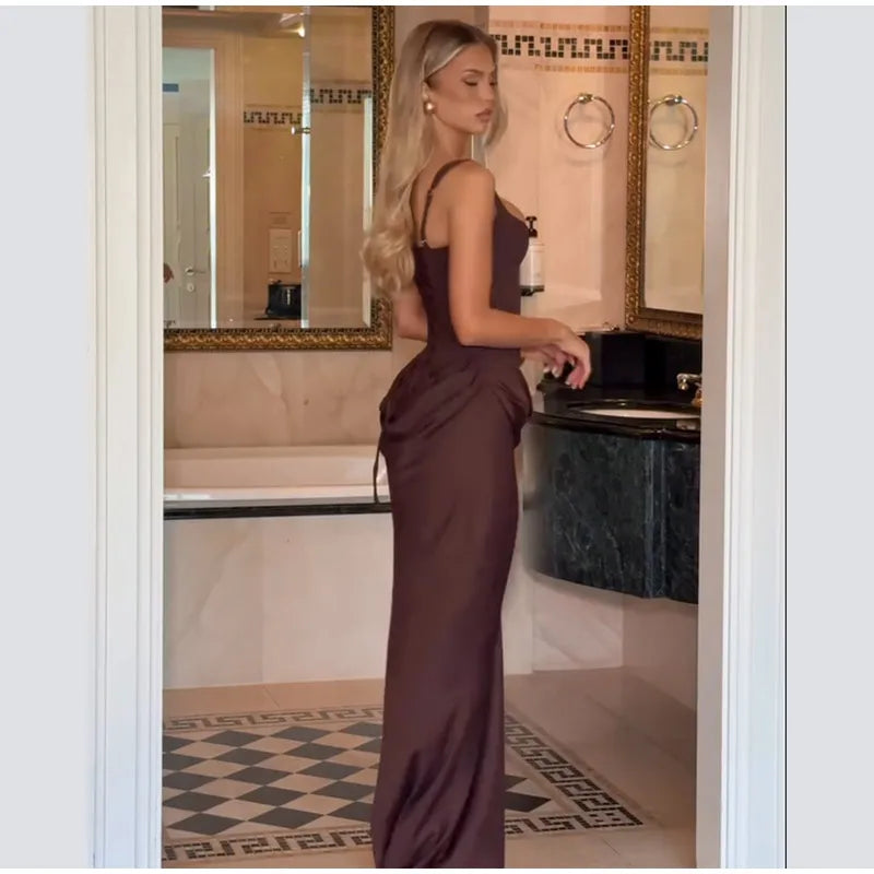 Women Brown Square-neck Pleated Sling Maxi Dress Sexy Sleeveless Off-shoulder Waist Cinching Slim Dresses Evening Party Gown
