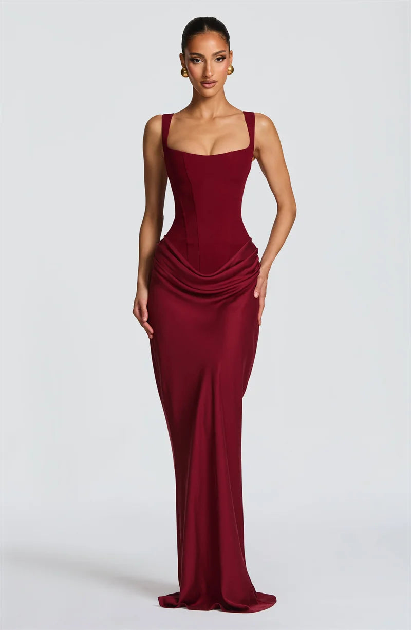 Mozision Elegant Backless Sexy Maxi Dress Women Gown Fashion Square Collar Sleeveless Skinny Ruched Club Party Long Dresses