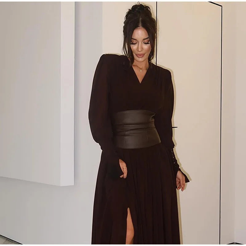 Vintage Nipped Waisted Long Sleeved A-line Dress Elegant V Neck Split Long Dresses 2024 Women Loose Vintage Party Long Dresses