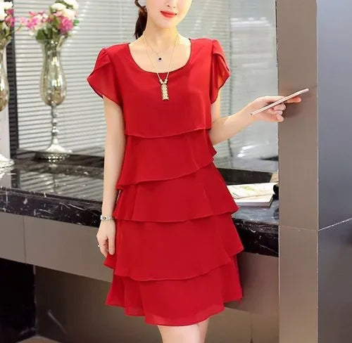 2026 Dress For Women Summer Wave Cut Ruffle Sweet Solid Short Sleeve Slim Dresses Lady Casual All-match Vestido O-Neck Chiffon
