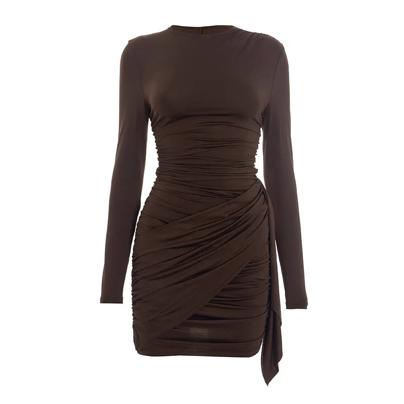 Crew Neck Solid Slim Sheath Dress Fashion Women Long Sleeve Short Wrap High Waisted Mini Dresses Lady 2026 Party Evening Gown