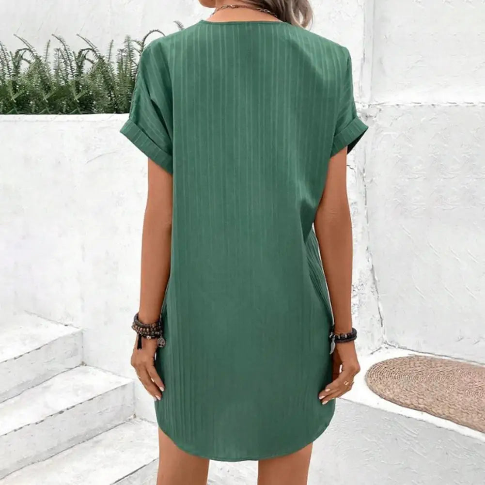 Summer Women Dress V Neck Button Short Sleeves Loose Casual Loose Fit Button Dress Summer Loose Lady Short Dress Women Dresses