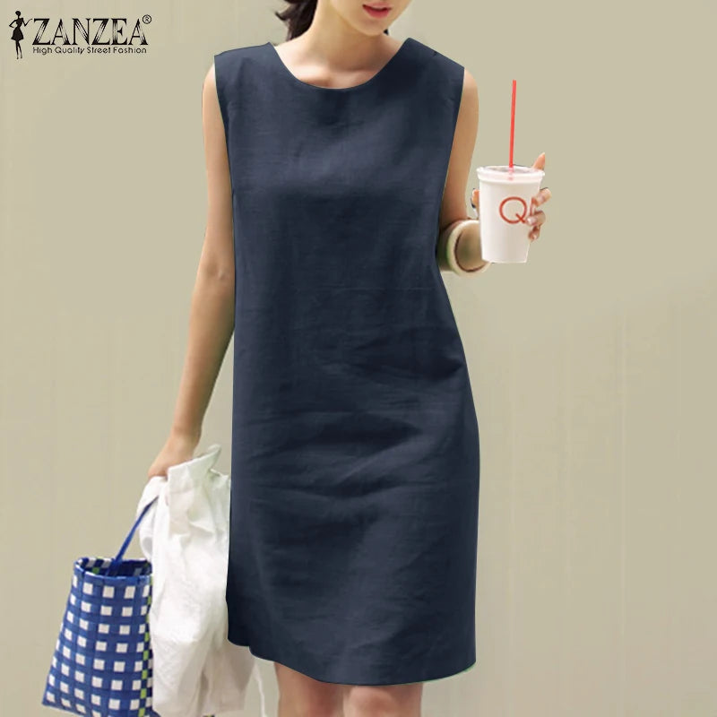 2024 Summer Dress ZANZEA Fashion Sleeveless Beach Vestidos Office Work Sundress Women Elegant Solid Color Dresses Robe Femme