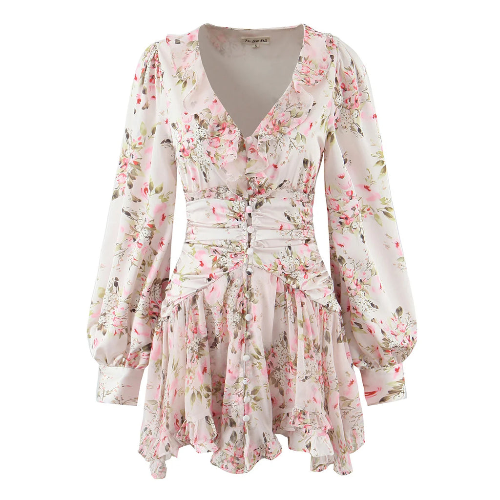 Boho Floral Print Ruffle Mini Dress Women Front Button Long Sleeve V Neck Spring Dresses 2025 Holiday Robe Short Vestidos