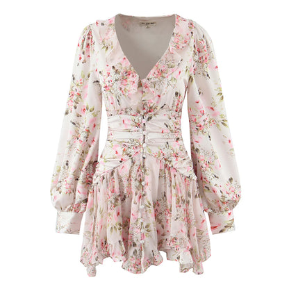 Boho Floral Print Ruffle Mini Dress Women Front Button Long Sleeve V Neck Spring Dresses 2025 Holiday Robe Short Vestidos