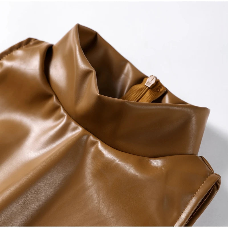 Vintage Midi Leather Dress Women Slim Turtleneck Sleeveless Hip Package Female Dresses 2025 Autumn Lady Elegant Party Vestidos