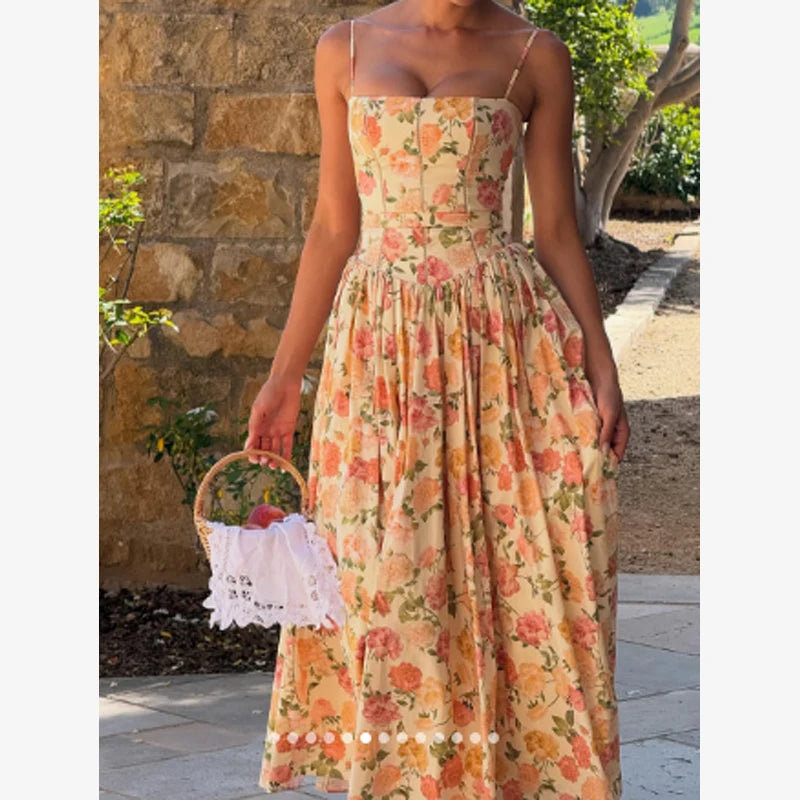 Women Chic Printed Gathered Large Swing Dress Sexy Sleeveless High Waist Slim Fit Sling Dresses 2026 New Lady Party Club Gowns