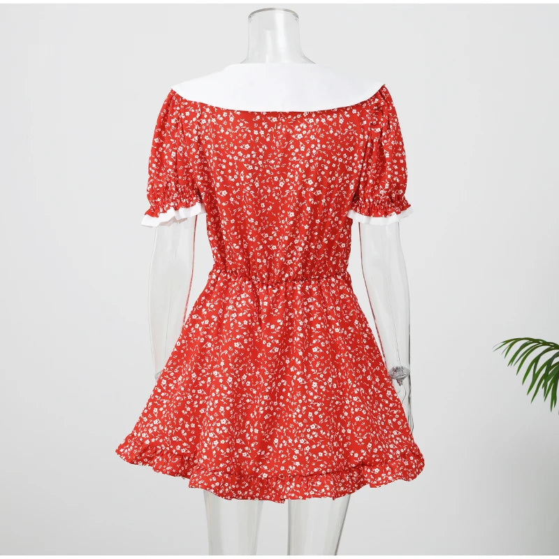 Red Floral Print Peter Pan Collar Women Summer Dress Puff Sleeve V Neck A-line Mini Dresses  2026 Lady Weekend Getaway Vestidos