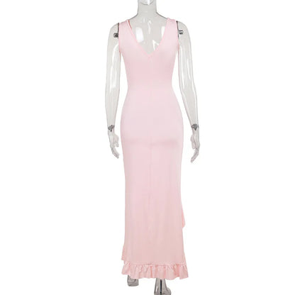 Ladies Summer Ruffle Evening Birthday Party Dress Women Sleeveless Backless Side Slit Long Dresses Clubwear Woman Clothes 2025