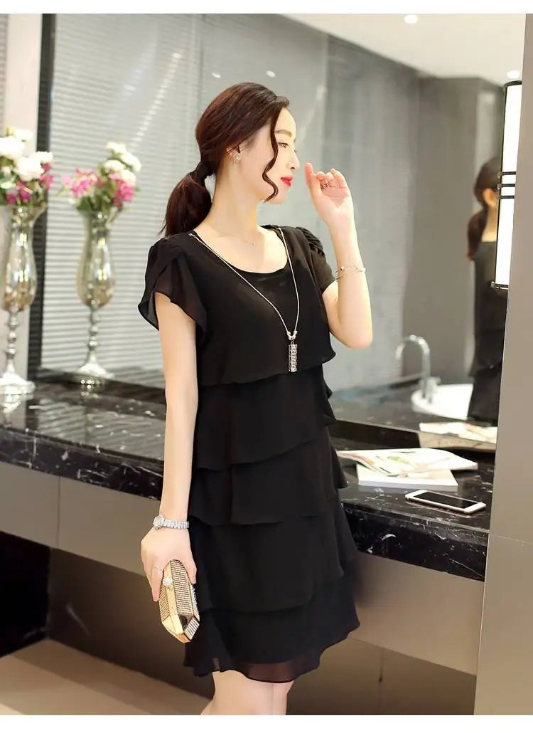 2026 Dress For Women Summer Wave Cut Ruffle Sweet Solid Short Sleeve Slim Dresses Lady Casual All-match Vestido O-Neck Chiffon