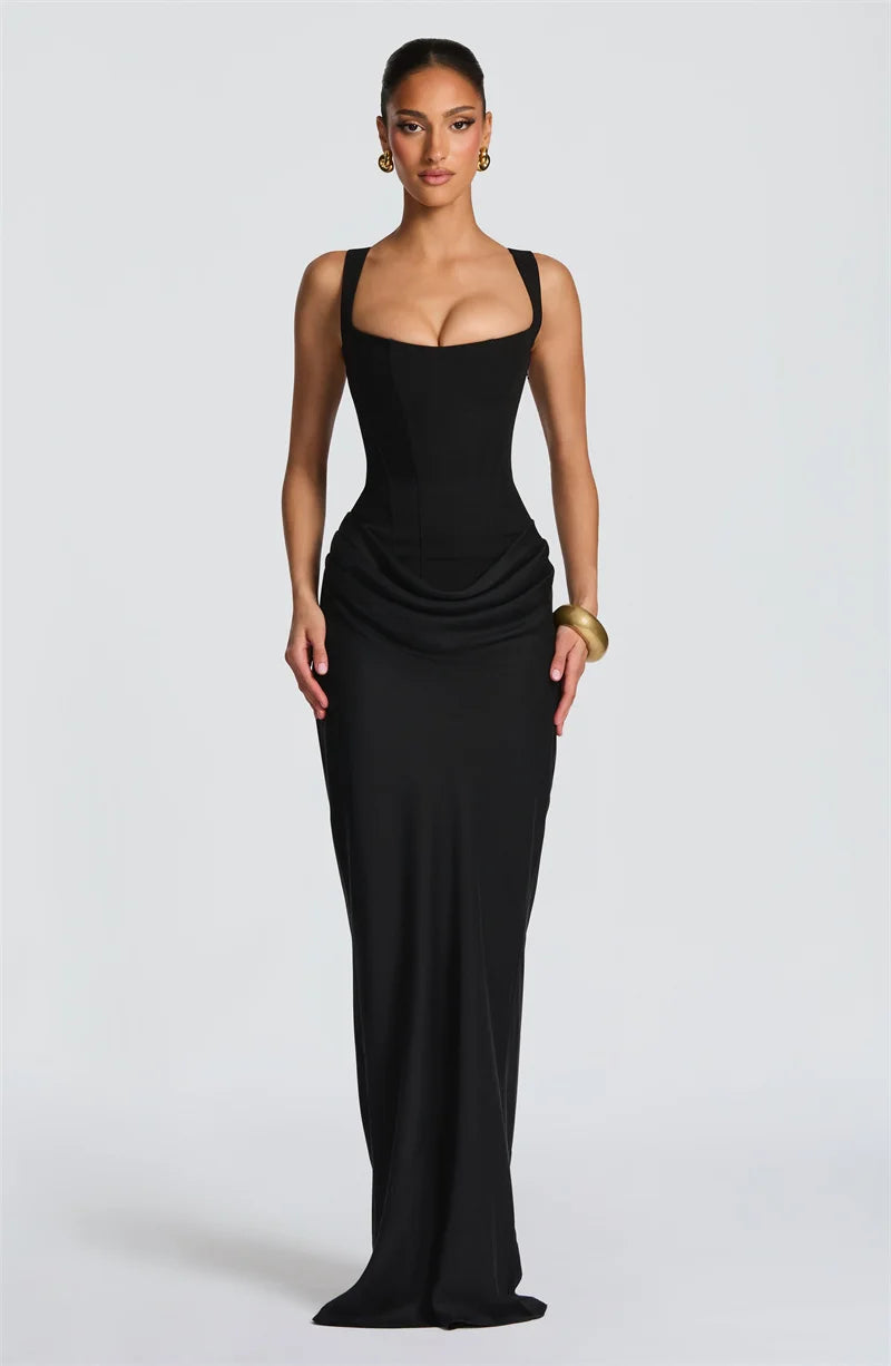 Mozision Elegant Backless Sexy Maxi Dress Women Gown Fashion Square Collar Sleeveless Skinny Ruched Club Party Long Dresses