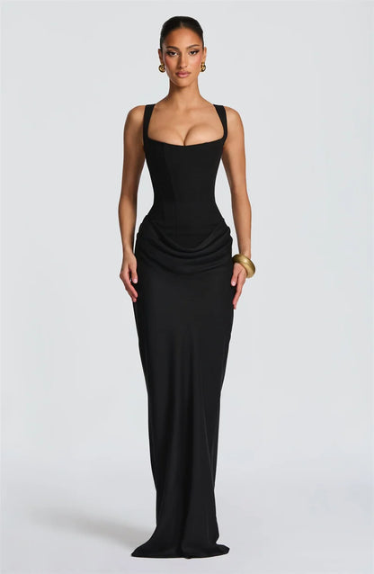 Mozision Elegant Backless Sexy Maxi Dress Women Gown Fashion Square Collar Sleeveless Skinny Ruched Club Party Long Dresses