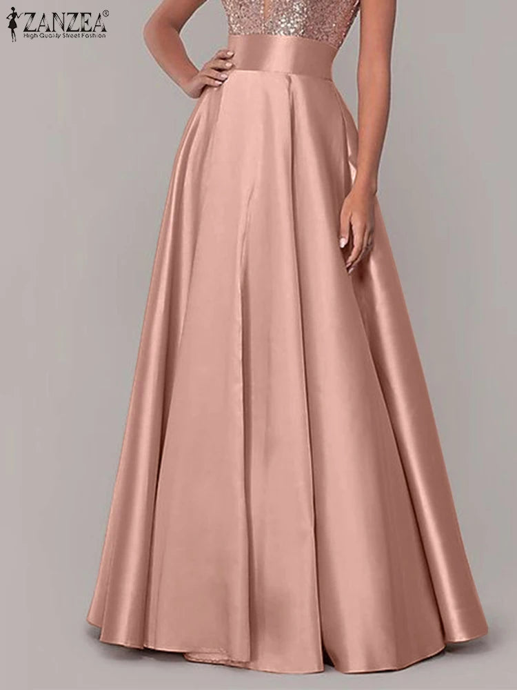ZANZEA Women Satin Silk Black Maxi Long Skirts Elegant Luxury High Waisted A-Line Party Jupe Femme with Back Zipper Faldas Mujer