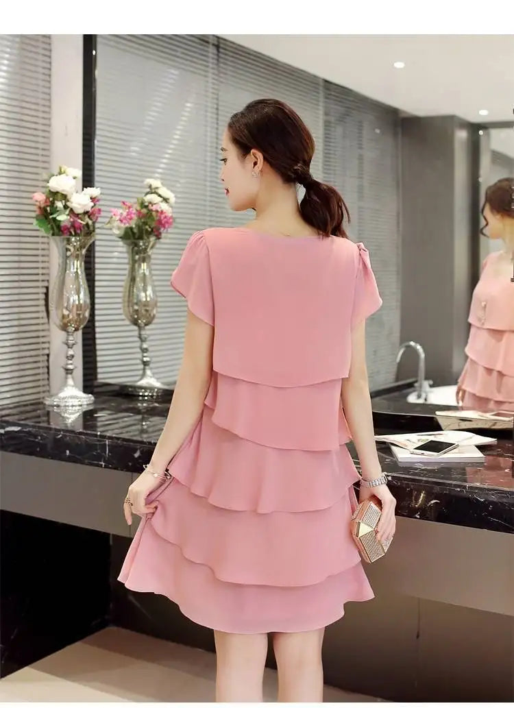 2026 Dress For Women Summer Wave Cut Ruffle Sweet Solid Short Sleeve Slim Dresses Lady Casual All-match Vestido O-Neck Chiffon