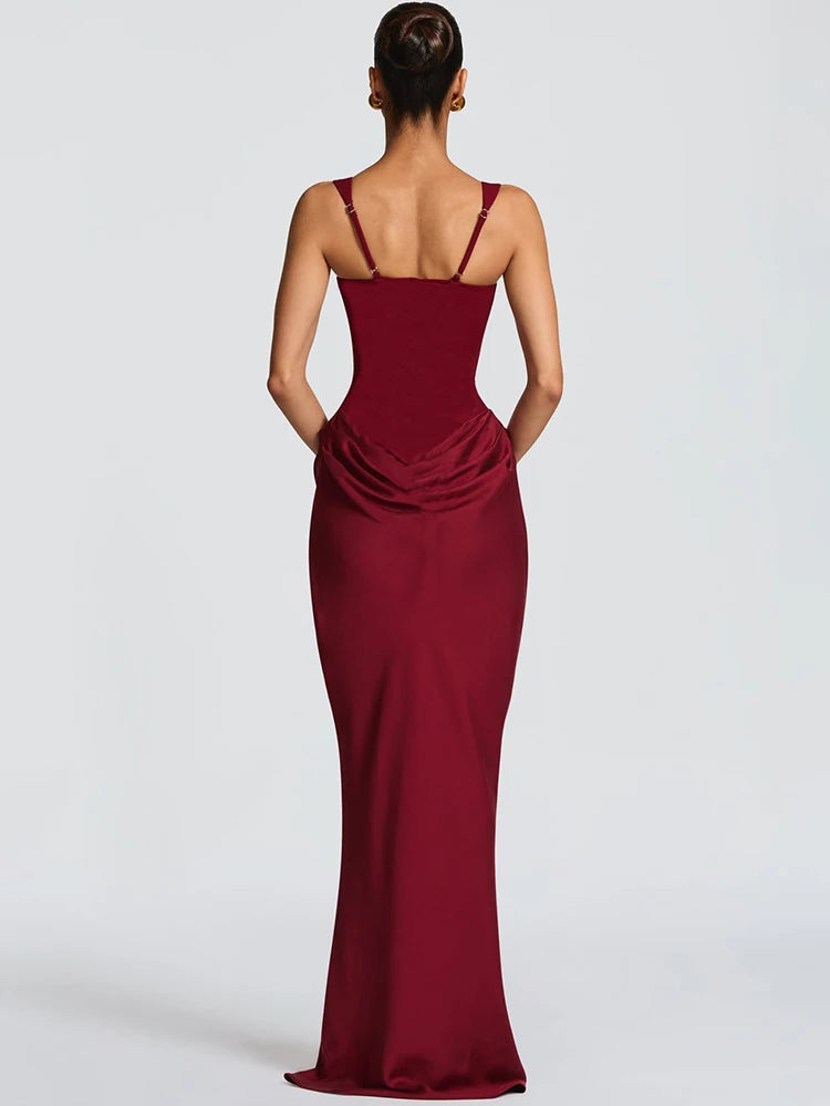 Mozision Elegant Backless Sexy Maxi Dress Women Gown Fashion Square Collar Sleeveless Skinny Ruched Club Party Long Dresses
