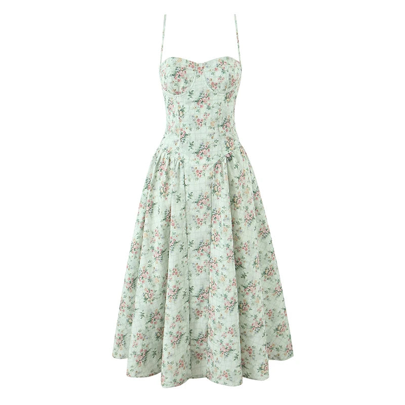 YENKYE Green Floral Print Sexy Spaghetti Straps Dress Women Low Waist A-line Midi Holiday Summer Dresses Party Robe 2025 Vestido