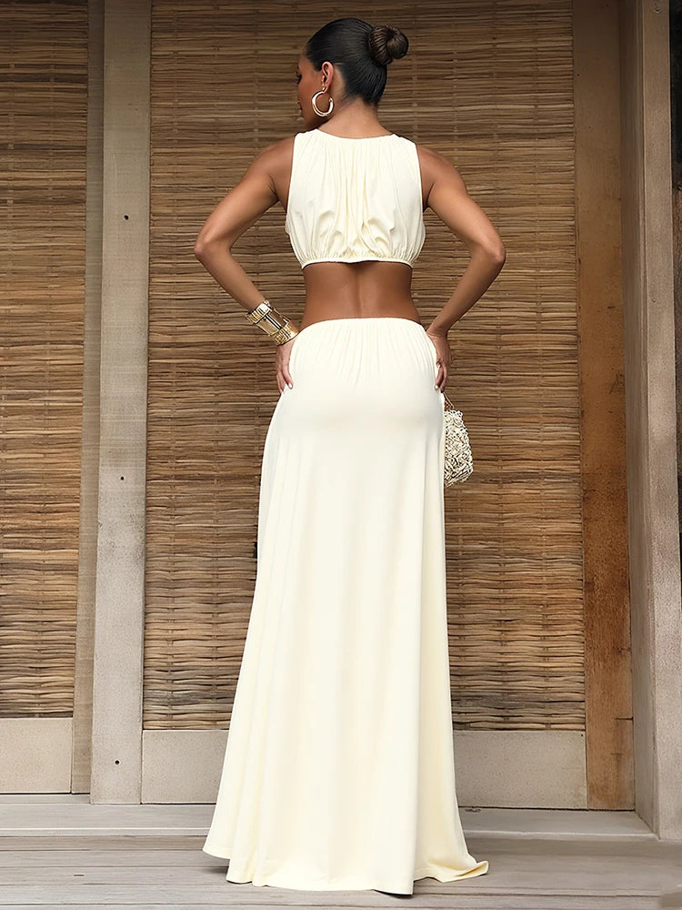 kliou Shirring Waistless Women Maxi Dresses Hipster Simple Sleeveless Splice O-neck Sheath Straight Robe Female Evening Frock