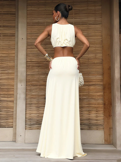 kliou Shirring Waistless Women Maxi Dresses Hipster Simple Sleeveless Splice O-neck Sheath Straight Robe Female Evening Frock