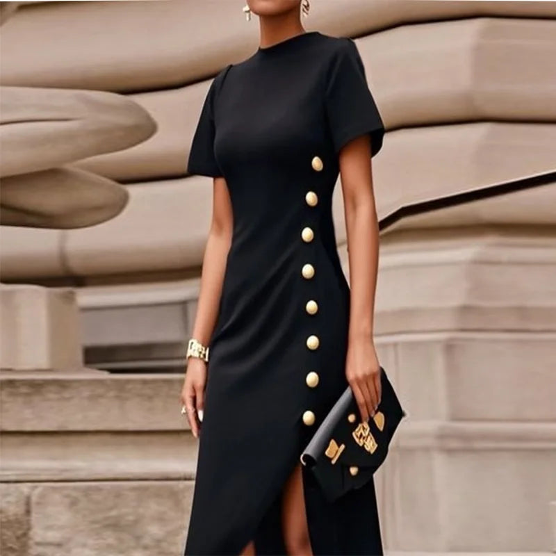 Modigirl Wedding Black Dresses for Women Gold Button Clothes Asymmetrical 2025 Summer Woman Short Sleeves Party Maxi Dresses