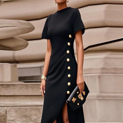 Modigirl Wedding Black Dresses for Women Gold Button Clothes Asymmetrical 2025 Summer Woman Short Sleeves Party Maxi Dresses