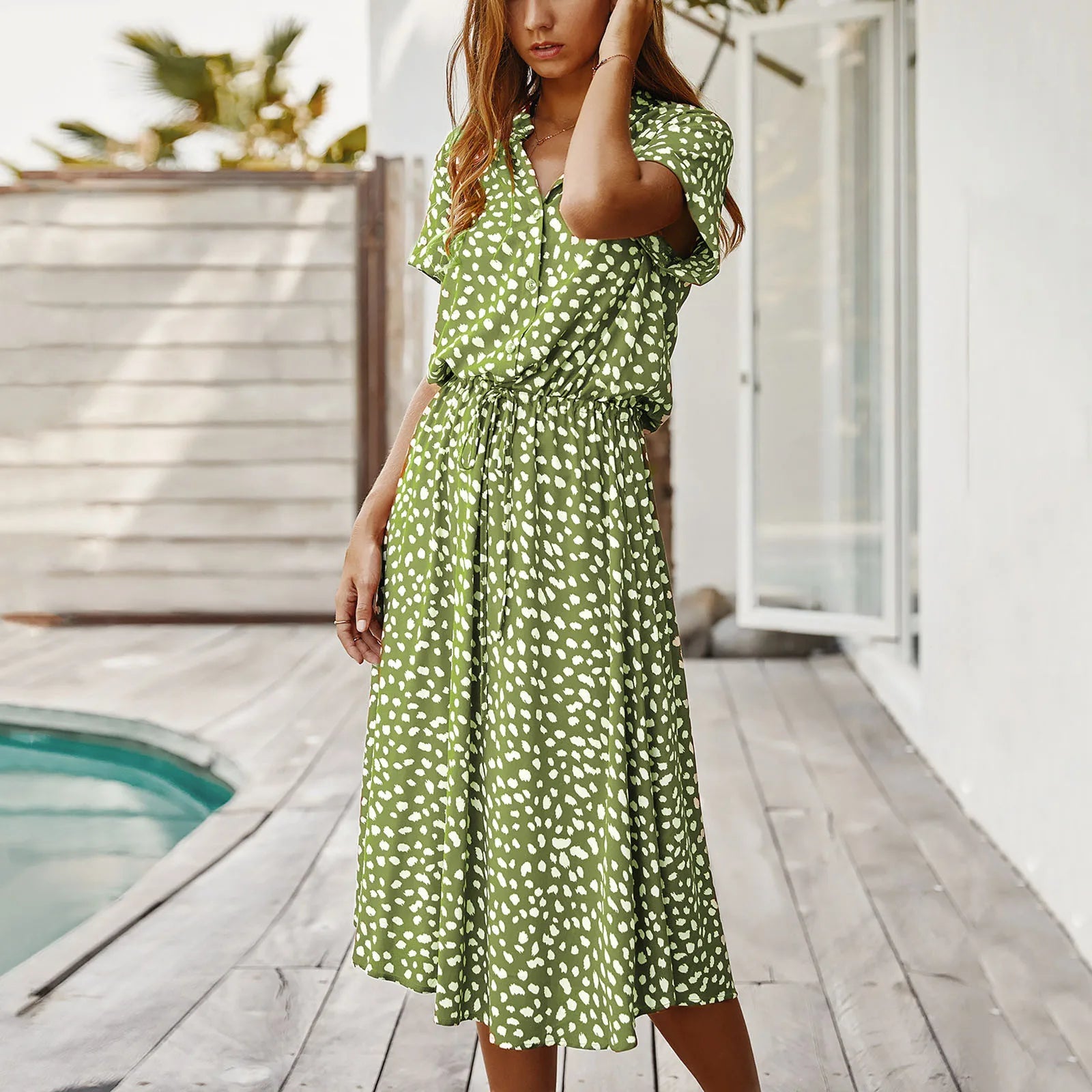 Summer Dresses Women Summer Polka Dot Printing Dresses With Buttons Short Sleeves Drawstring High Waist Dress Vestidos 2023