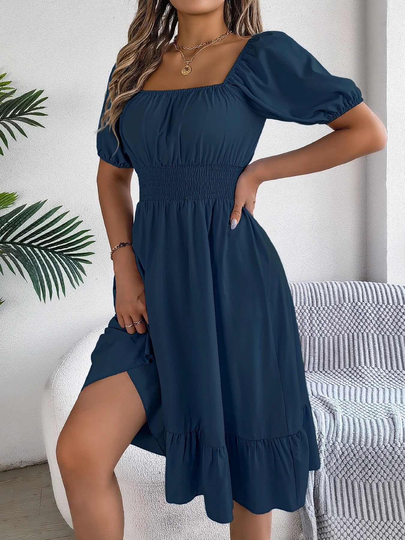 Spring Summer Elegant High Waisted Dress Square Neck Short Sleeved Ruffled Edge Long Dresses 2026 Valentine's Day Woman Clothing
