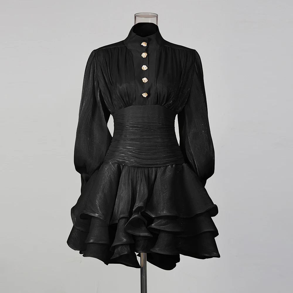 TWOTWINSTYLE Solid Spliced Ruffles Folds Elegant Dresses for Women Stand Neck Long Sleevs Tunic Temperament Dress Female Fashion