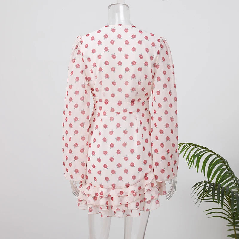 Floral Print V-neck Cinched Waist Dress Women Chic Layered Ruffle Hem Short Sleeved High-waist Dresses 2026 New Street Vestidos